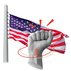 Hand with fist gesture near American flag. Symbolizes US strength, patriotism, or national power. Part of series