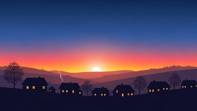 Village silhouette at sunset in rolling hills landscape