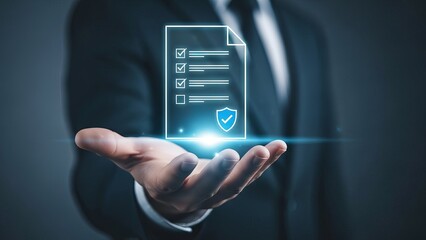 Businessman presents digital document checklist concept with security shield icon