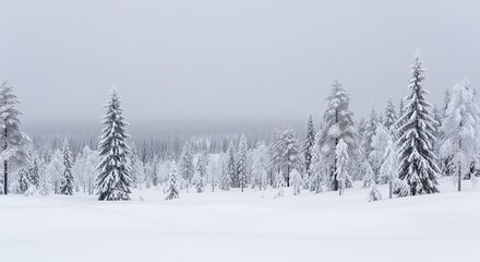 Obraz premium Snow-covered pine trees stand in a peaceful winter forest under a foggy gray sky. Fresh snow blankets the ground creating a calm scene. Perfect for seasonal projects and nature themes.