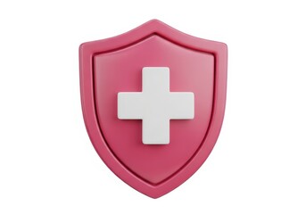 Fototapeta premium Three dimensional glossy shield icon with a prominent white cross symbol centered on a magenta background