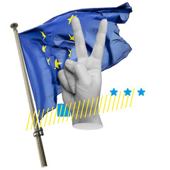 Hand showing peace sign near EU flag with stars and bars. Represents European cooperation, peace, or unity in diversity. Part of series.