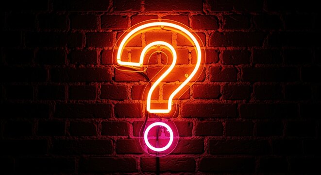 Bright neon question mark glowing in orange and pink against dark brick wall. Perfect for mystery themes, quiz content, problem solving concepts, and attention-grabbing designs.