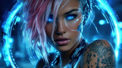 A cyber woman with neon eyes and tattoos, surrounded by a holographic interface. Futuristic style, cyberpunk, digital art.