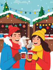 Happy couple enjoying warm drinks at a festive outdoor winter market	