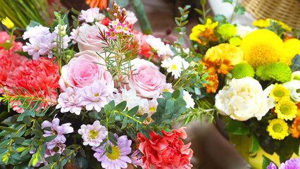 Elegant Bouquet with Pink Roses, Red Carnations, and Purple White Flowers