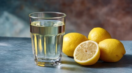 A glass of lemon water on a blue background with whole and cut lemons. Freshness, health, a summer drink.