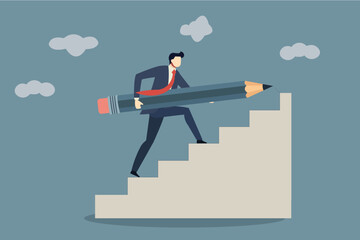 Businessman Carrying Giant Pencil Up Stairs: Corporate Creativity and Career Growth Concept