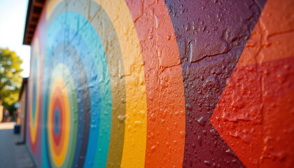 Fototapeta premium Vibrant rainbow mural painted on textured urban wall, featuring concentric circles, vivid hues, and bold color patterns. Artistic rainbow mural provides expressive rough surface details,