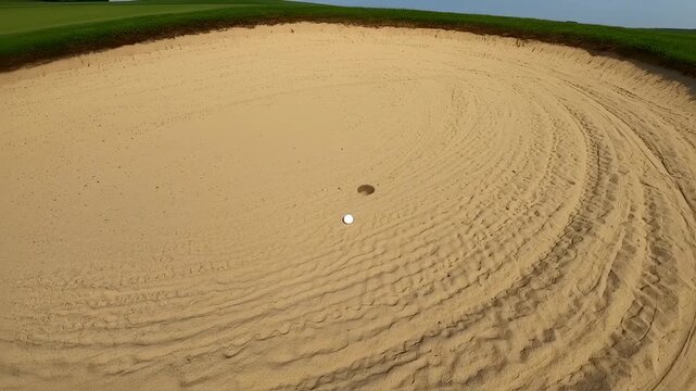 A golf ball sits in a sand trap, with distinct patterns in the sand, leading to a hole