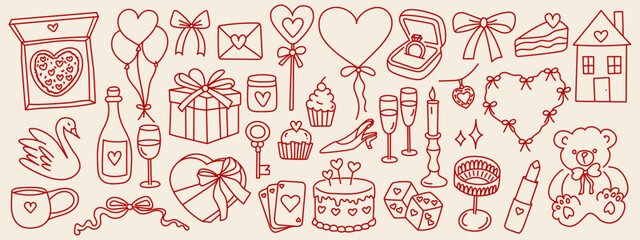 Fototapeta na wymiar Set of romantic line art icons featuring hearts, gifts, balloons, cakes, candles, rings, teddy bear, and Valentine’s Day elements in a minimalist red outline style