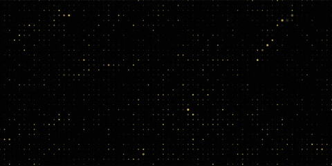 Abstract luxury banner with golden glittering dots on black background. Sparkling glitter bottom border, vector frame. Halftone effect. Magical gold dust. Pop art style backdrop.