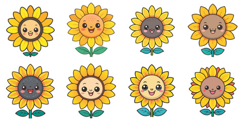 Multiple vector illustrations of cute-faced sunflowers