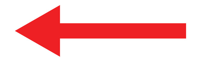 Bold long red arrow icon pointing to the leftward direction. Abstract arrowhead icon isolated on white background.