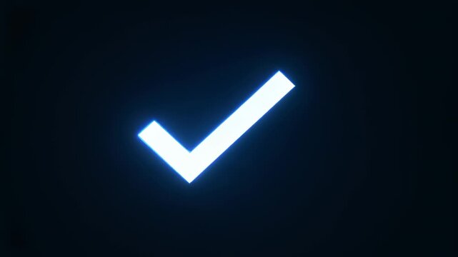 Appearing glowing checkmark pulsing electric arcs on dark vignette backdrop, settling into halo