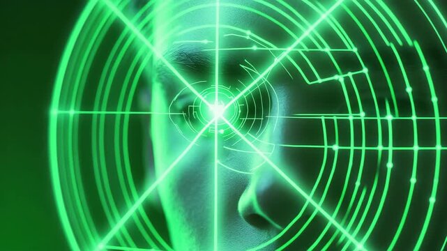 Close-up digital visualization of eye scanning futuristic holographic interface with glowing green pattern symbol of AI security vision technology blending human perception and artificial intelligence