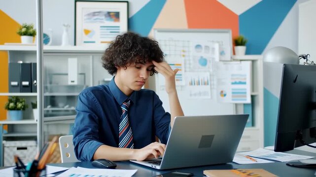 A young person in a blue shirt and tie works intently on a laptop in a modern office setting
