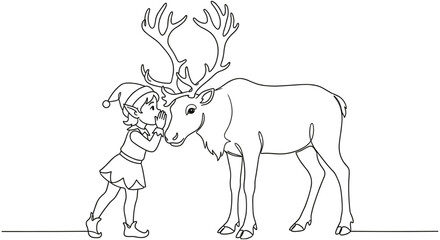 Continuous line drawing of Christmas elf whispering to reindeer, minimalist vector illustration for holiday greeting card design, black and white sketch.