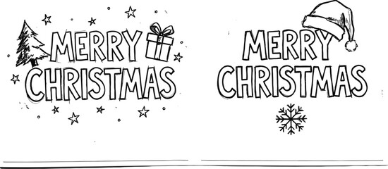 Two hand drawn Merry Christmas typography designs with tree, gift, Santa hat and snowflake, black outline.
