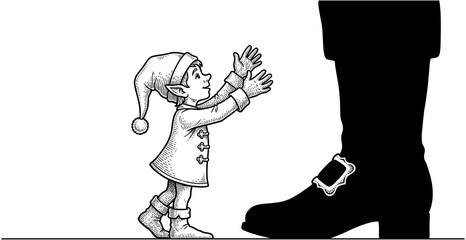 Small Christmas elf reaching up to Santa Claus giant leg and boot, black and white line art illustration.