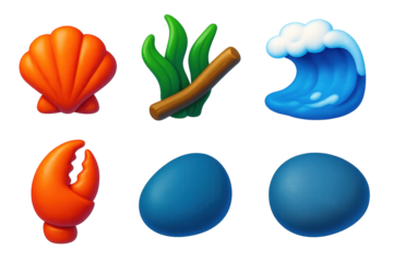 Vibrant Shoreline Icons. 3D icon set of shoreline details: seashell, seaweed clump, driftwood stick, smooth stone, foam wave, crab