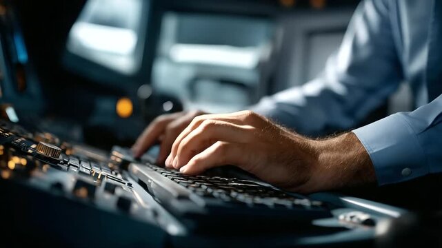 Faceless anonymous male pilot's hands using keyboard of flight management system defocused cockpit background with instruments modern aircraft controls aviation technology prof