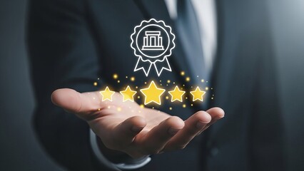 Customer satisfaction shown by glowing stars and a hand reaching out