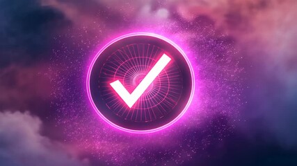 Activating emblem pulsing and brightening via frame sequence over nebula, revealing checkmark halo