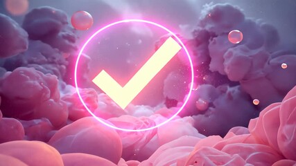 Appearing neon pink ring with white checkmark pulsing and confirming in cloud cave, with spheres - Powered by Adobe