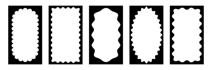 Black scallop frames with wavy curvy borders and soft decorative edges. Abstract organic shapes, empty label spaces, smooth silhouette outlines, minimalist vector design elements for modern graphics