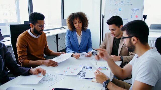 Diverse group gathers at a table to discuss and analyze data-driven charts, reports, and diagrams