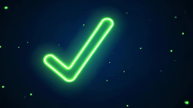 Animating neon green check appearing to introduce symbol in dark space, emitting particles, bokeh
