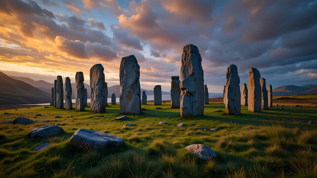 Ancient Standing Stone Circle in a Grassy Landscape at Sunset with Dramatic Golden Clouds for History, Archeology, and Mystical Concept Photography.