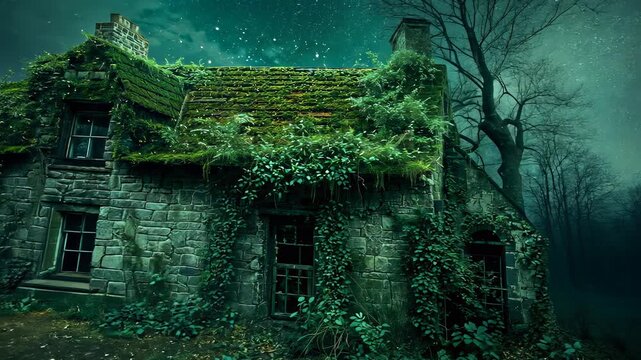 Beginning camera movement revealing abandoned stone cottage in full moon forest with drifting motes