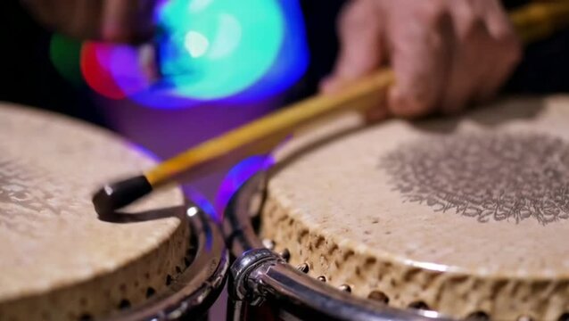 Close-up of drumsticks hitting tamborim skins in rhythmic motion blur.
