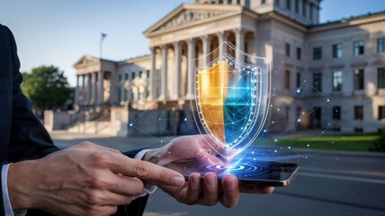 Businessman holding smartphone with digital cybersecurity shield
