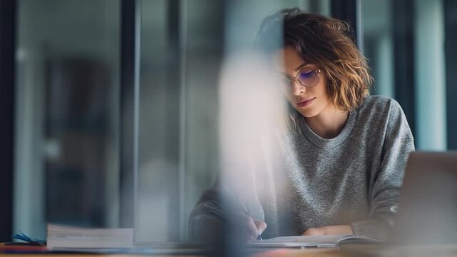 Woman with messy hair wearing glasses writes in notebook near laptop, indoor scene
