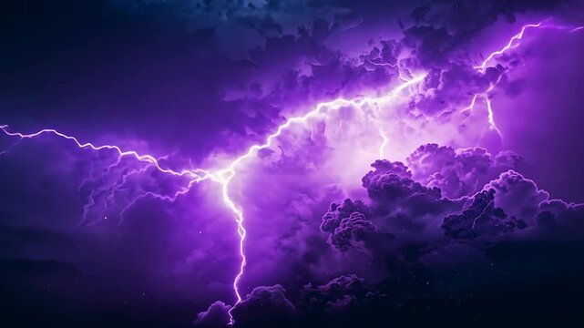 Charging storm core releasing branching lightning in night sky, illuminating violet clouds