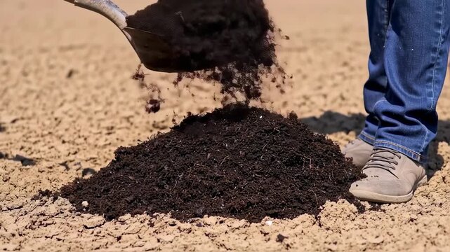 Person shovels dark soil from a shovel, placing it onto a small pile on the ground