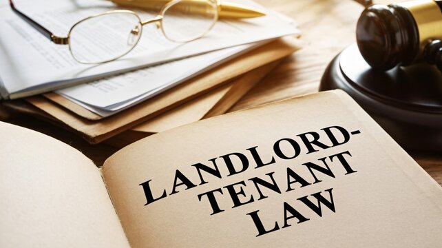 Landlord tenant law book with gavel and legal documents for legal practice and compliance