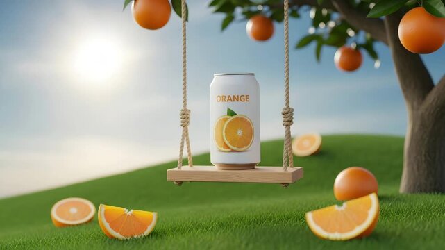 Refreshing orange soda can on a swing with oranges in a sunny orchard