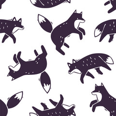 Fox stamp pattern. Doodle fox silhouette seamless vector print.