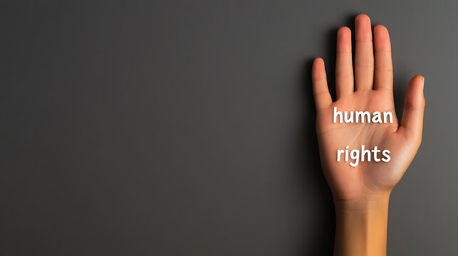 An open hand with the words "human rights" superimposed symbolizes the concept of equality and fundamental freedoms. The plain backdrop emphasizes the message and humanism.