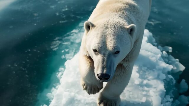 Balancing adult polar bear stepping on narrow ice floe in sea with floating ice, seeking footing