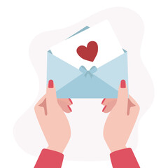 Happy valentine's day. Woman hand holds an open envelope with red heart symbol. flat design. Isolated background. Letter from lover.  Vector illustration