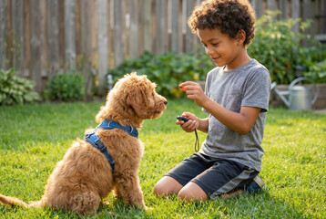 Ni&ntilde;o entrenando a su cachorro en el jard&iacute;n usando clicker y premio.