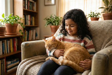 Ni&ntilde;a abrazando a su gato naranja dormido en una sala acogedora.
