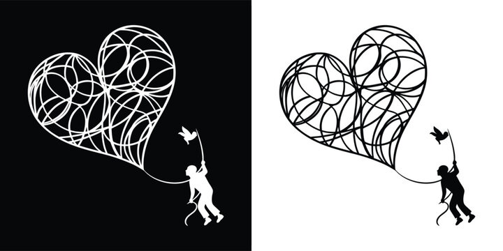 Silhouette of a person holding a kite in the shape of a heart with a bird flying towards it, on black and white backgrounds