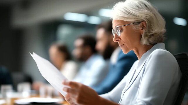 Faceless businessmen sitting at desk headed by middle aged female in eyeglasses defocused conference room background checking agreement document financial director ready to sign