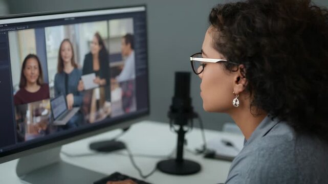 Leaning editor in gray blazer evaluating thumbnails at desk, loading using keys mouse, copy space